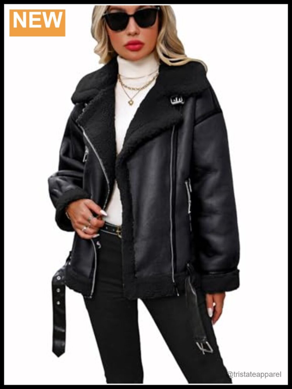 Faux Leather Sherpa Lined Aviator Bomber Jacket Loose Fit Warm Winter Coat